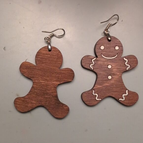 Gingerbread Wooden Drop Pierced Earrings - Picture 4 of 9